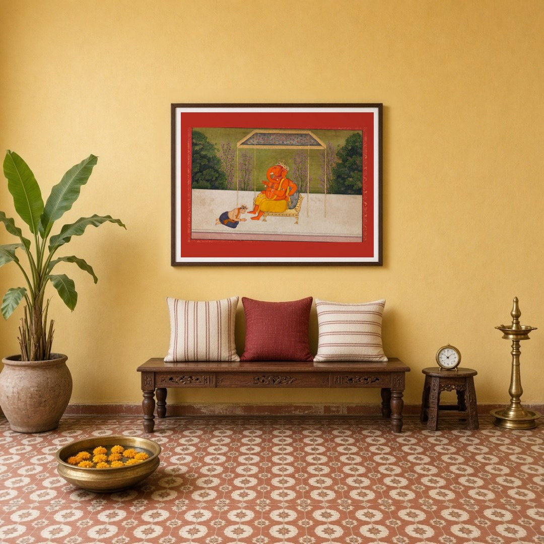 Immerse yourself in the serene aura of Lord Ganesha, seated majestically on a golden throne under for Entrance