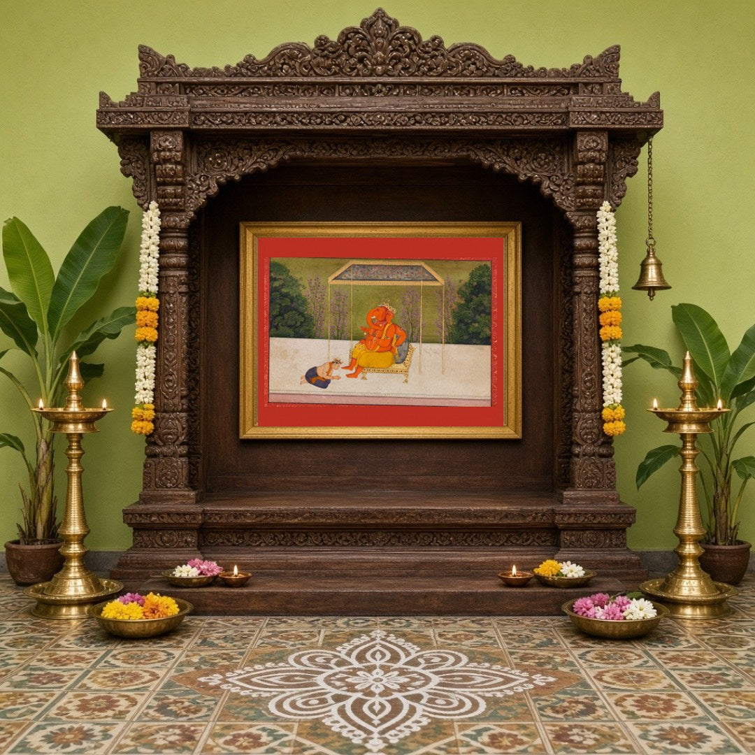 Immerse yourself in the serene aura of Lord Ganesha, seated majestically on a golden throne under for Home Temple