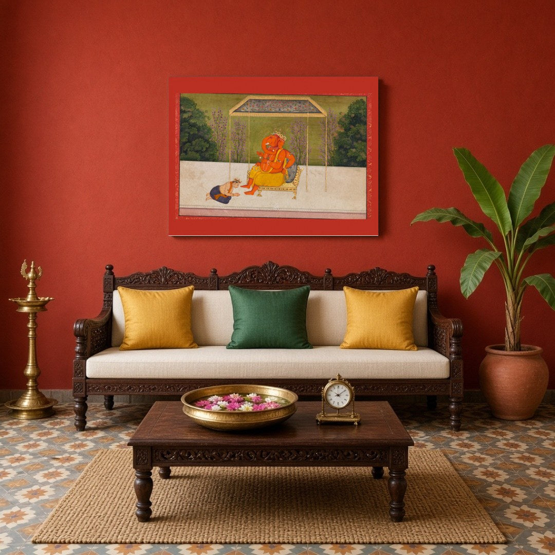 Immerse yourself in the serene aura of Lord Ganesha, seated majestically on a golden throne under for Living Room