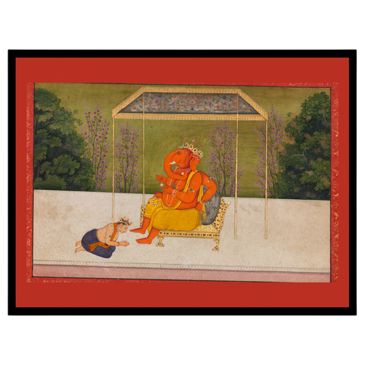 Immerse yourself in the serene aura of Lord Ganesha, seated majestically on a golden throne under for lovely-house