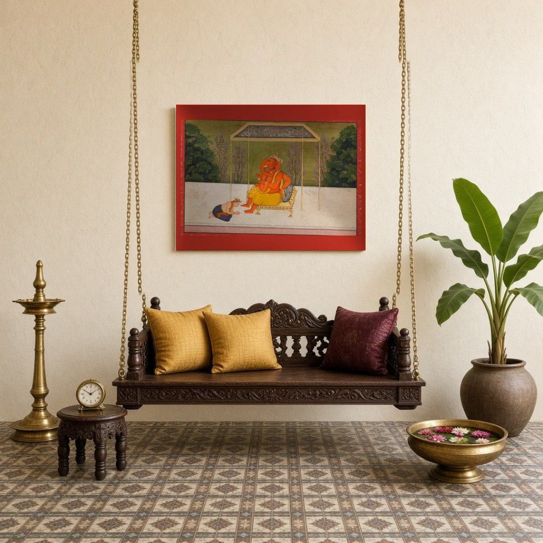 Immerse yourself in the serene aura of Lord Ganesha, seated majestically on a golden throne under for Sitting Lounge