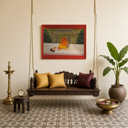 Immerse yourself in the serene aura of Lord Ganesha, seated majestically on a golden throne under for Sitting Lounge