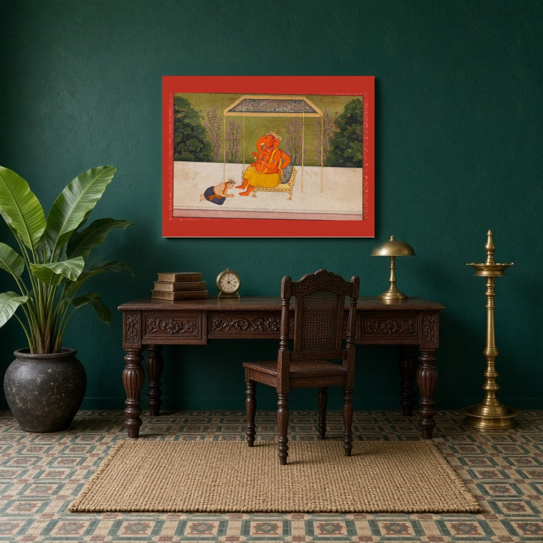 Immerse yourself in the serene aura of Lord Ganesha, seated majestically on a golden throne under for Study
