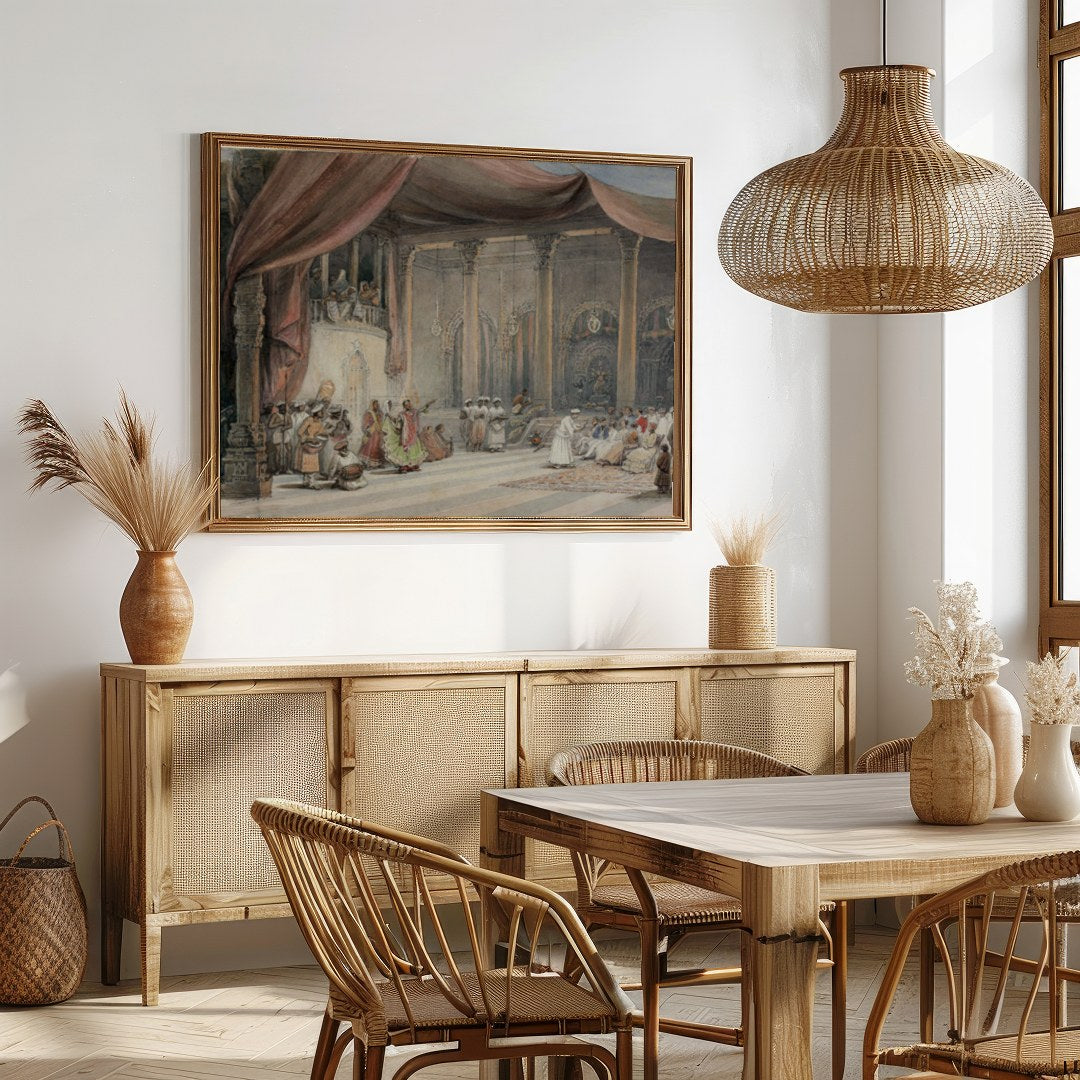 Immerse yourself in the opulence and drama of this intricate artwork depicting a royal gathering for Dining