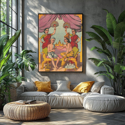 Immerse yourself in a scene of royal intimacy with this exquisite artwork. Featuring opulent hues for Balcony