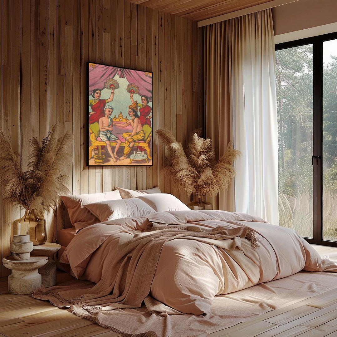 Immerse yourself in a scene of royal intimacy with this exquisite artwork. Featuring opulent hues for Bedroom