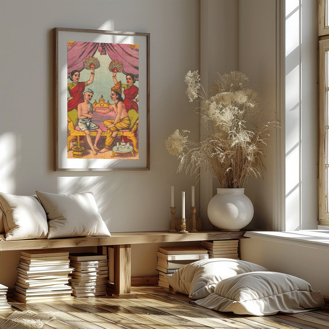 Immerse yourself in a scene of royal intimacy with this exquisite artwork. Featuring opulent hues for dwelling