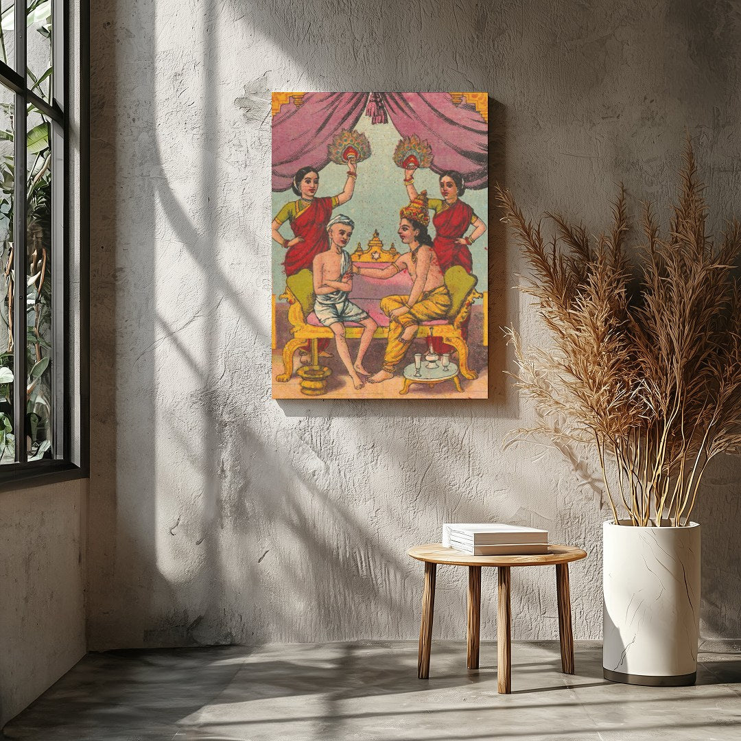 Immerse yourself in a scene of royal intimacy with this exquisite artwork. Featuring opulent hues for Entrance