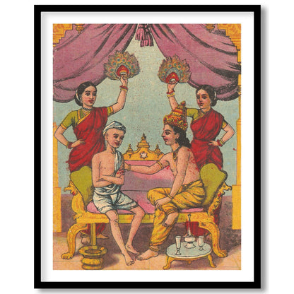Immerse yourself in a scene of royal intimacy with this exquisite artwork. Featuring opulent hues for gallery