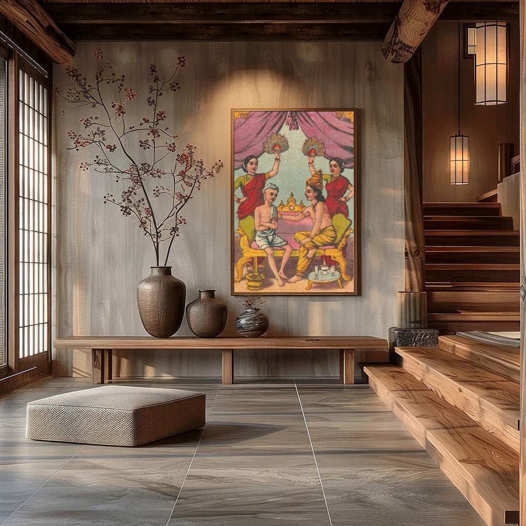 Immerse yourself in a scene of royal intimacy with this exquisite artwork. Featuring opulent hues for Hall