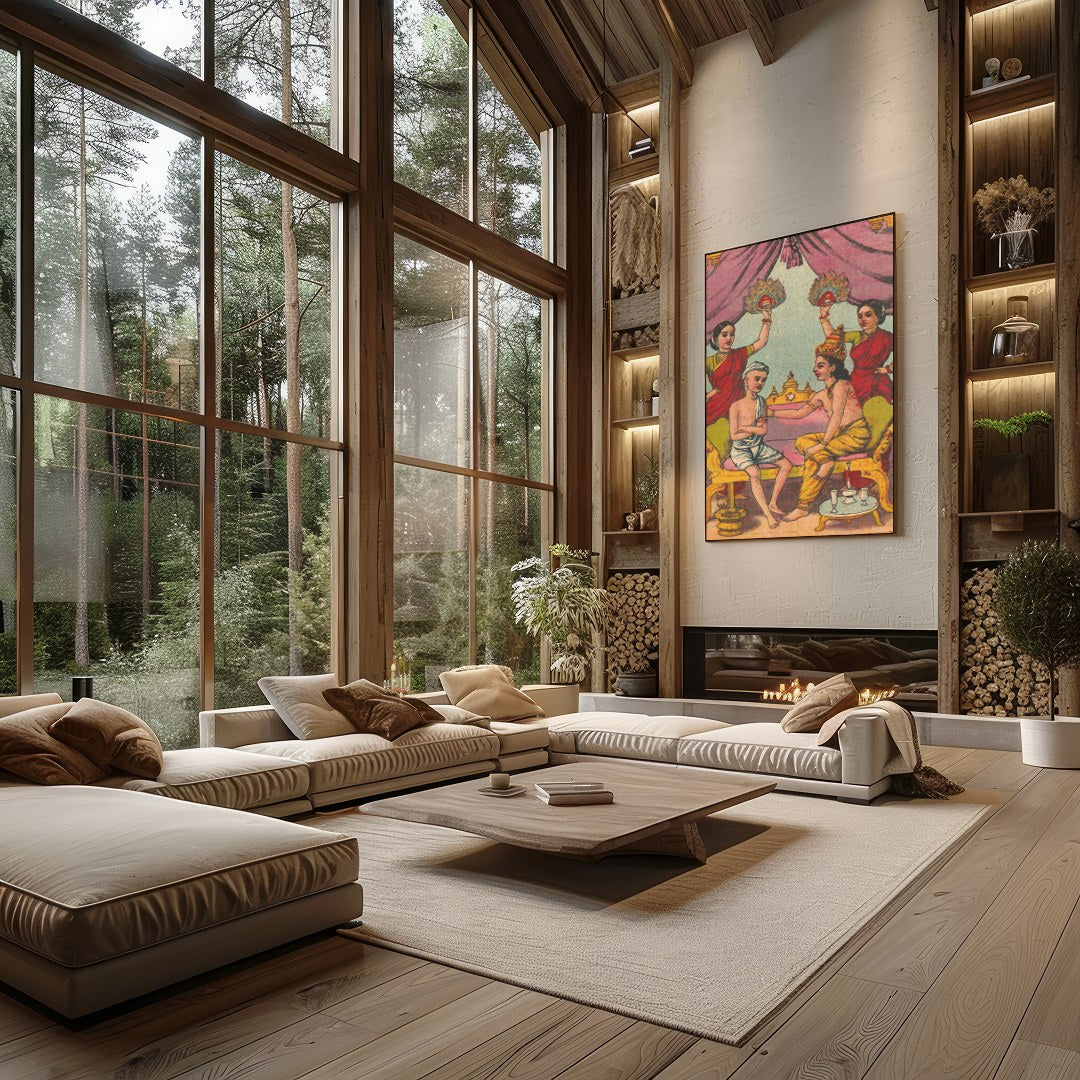 Immerse yourself in a scene of royal intimacy with this exquisite artwork. Featuring opulent hues for Living Room
