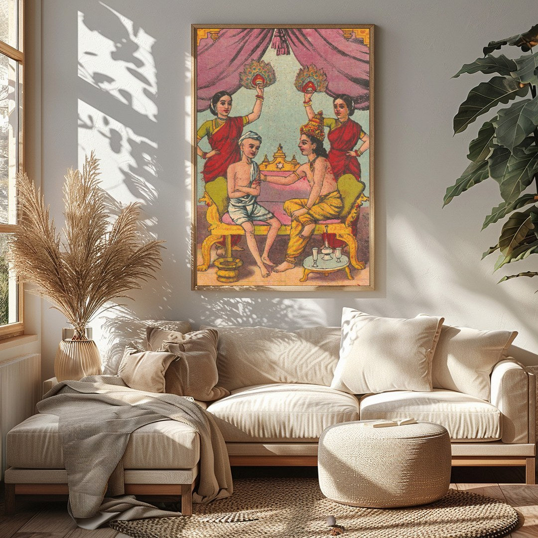 Immerse yourself in a scene of royal intimacy with this exquisite artwork. Featuring opulent hues for Sitting Area