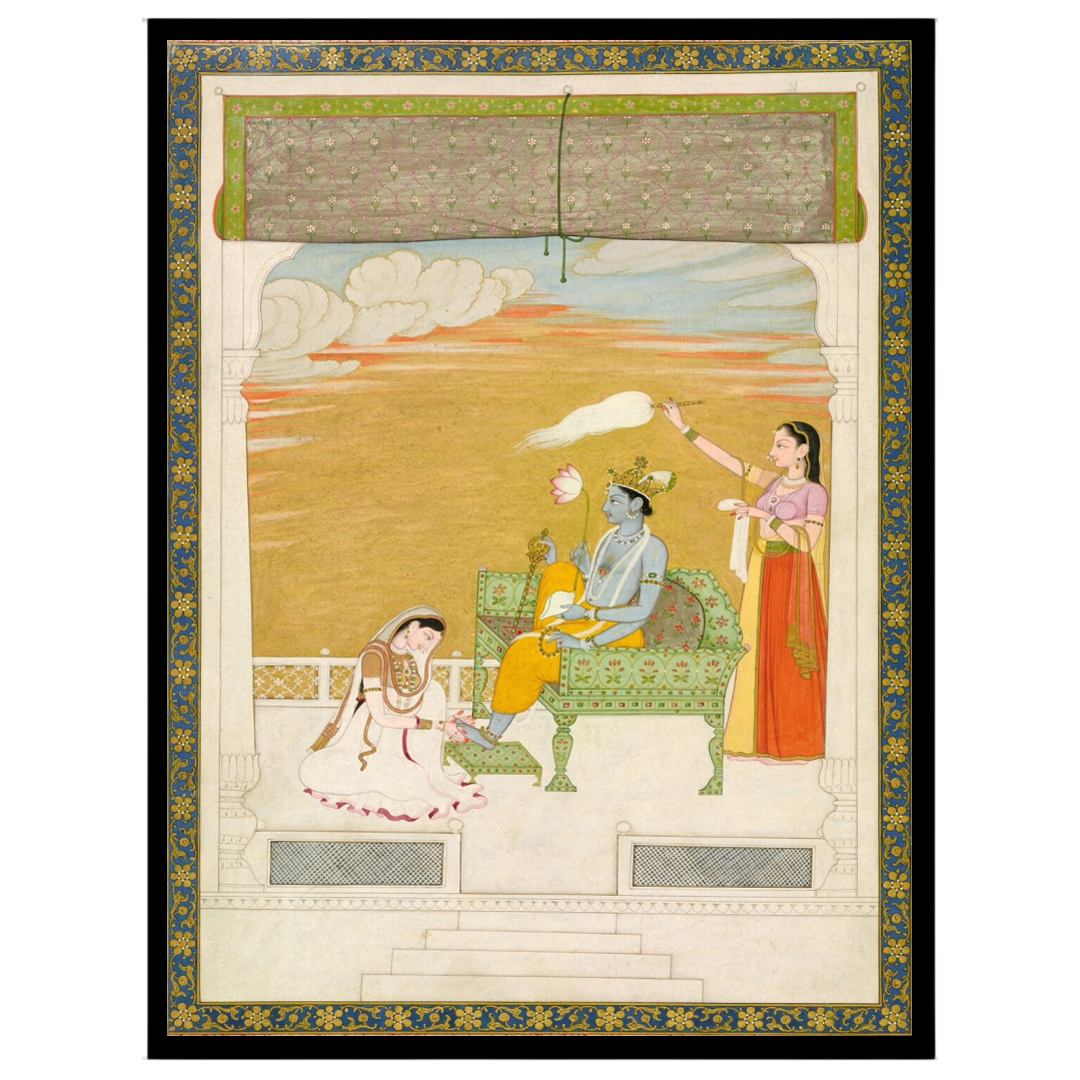 Immerse yourself in the ethereal beauty of this Indo-Mughal art piece featuring Lord Krishna in a for bedroom