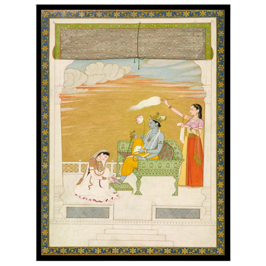 Immerse yourself in the ethereal beauty of this Indo-Mughal art piece featuring Lord Krishna in a for bedroom
