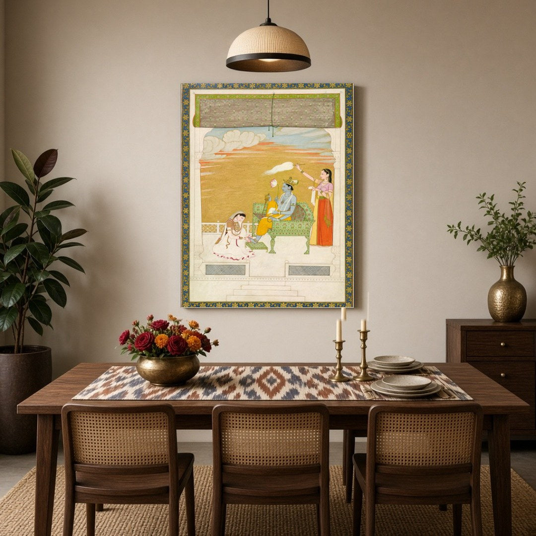 Immerse yourself in the ethereal beauty of this Indo-Mughal art piece featuring Lord Krishna in a for Dining