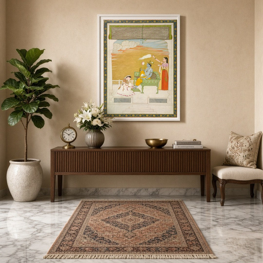 Immerse yourself in the ethereal beauty of this Indo-Mughal art piece featuring Lord Krishna in a for Entrance