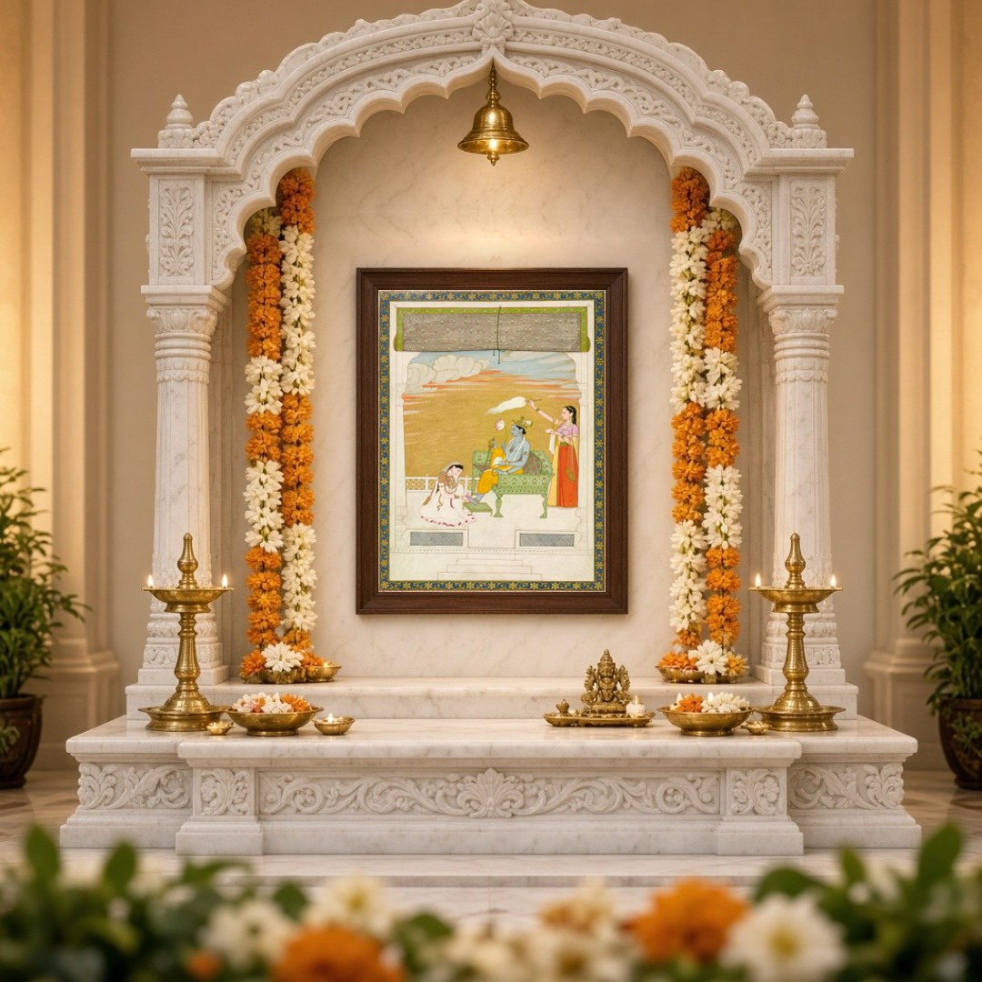 Immerse yourself in the ethereal beauty of this Indo-Mughal art piece featuring Lord Krishna in a for Home Temple