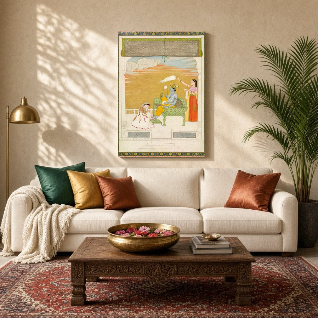 Immerse yourself in the ethereal beauty of this Indo-Mughal art piece featuring Lord Krishna in a for Living Room
