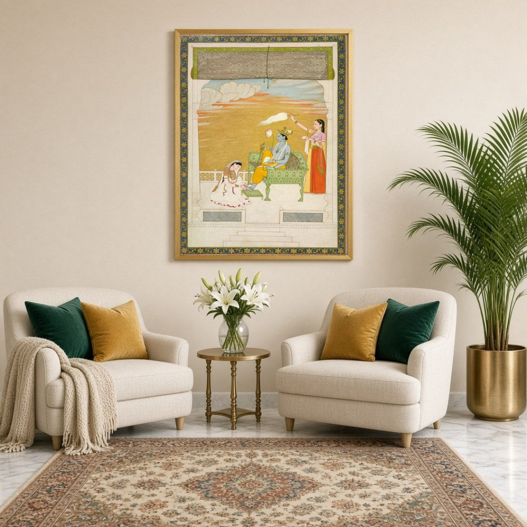 Immerse yourself in the ethereal beauty of this Indo-Mughal art piece featuring Lord Krishna in a for Sitting Lounge