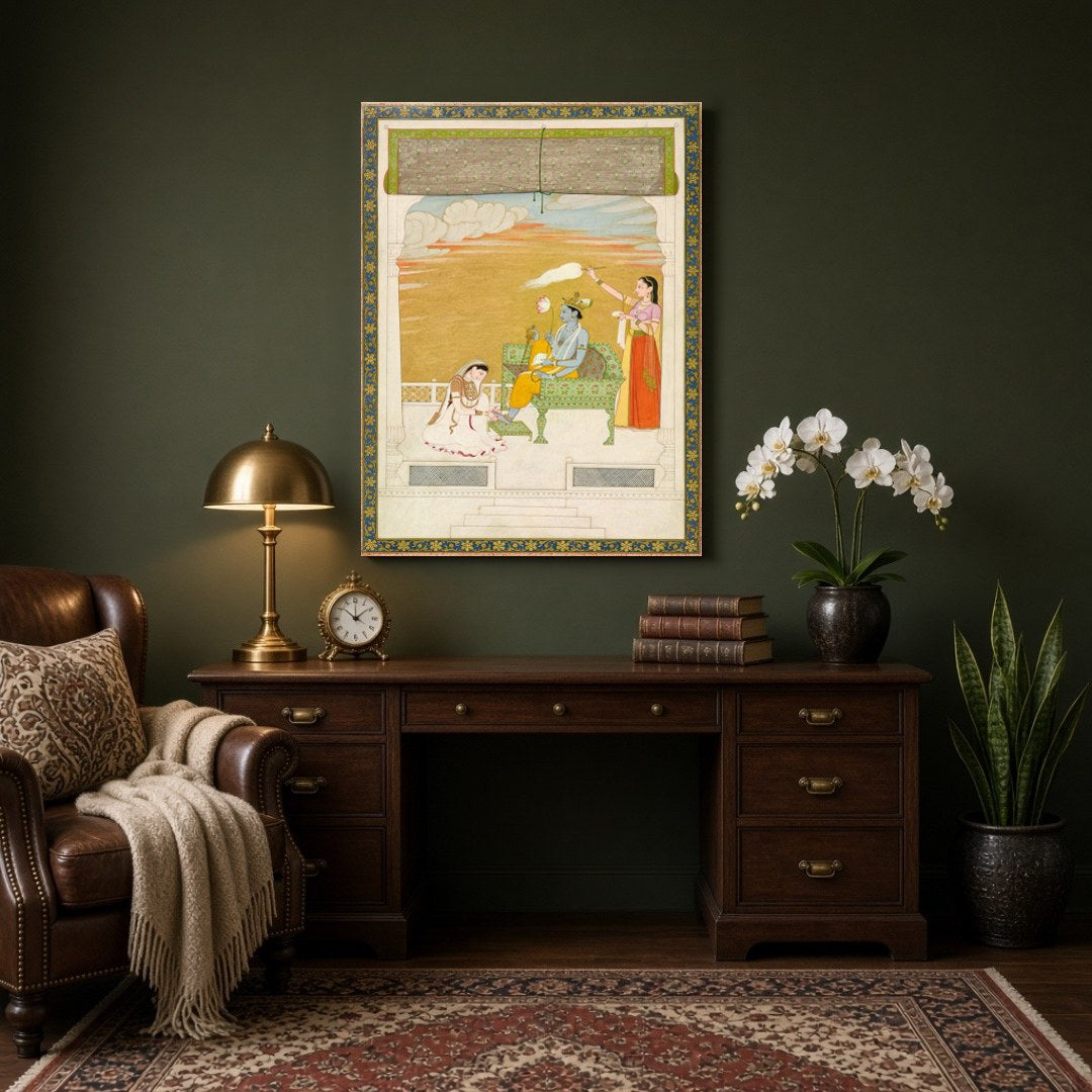 Immerse yourself in the ethereal beauty of this Indo-Mughal art piece featuring Lord Krishna in a for Study