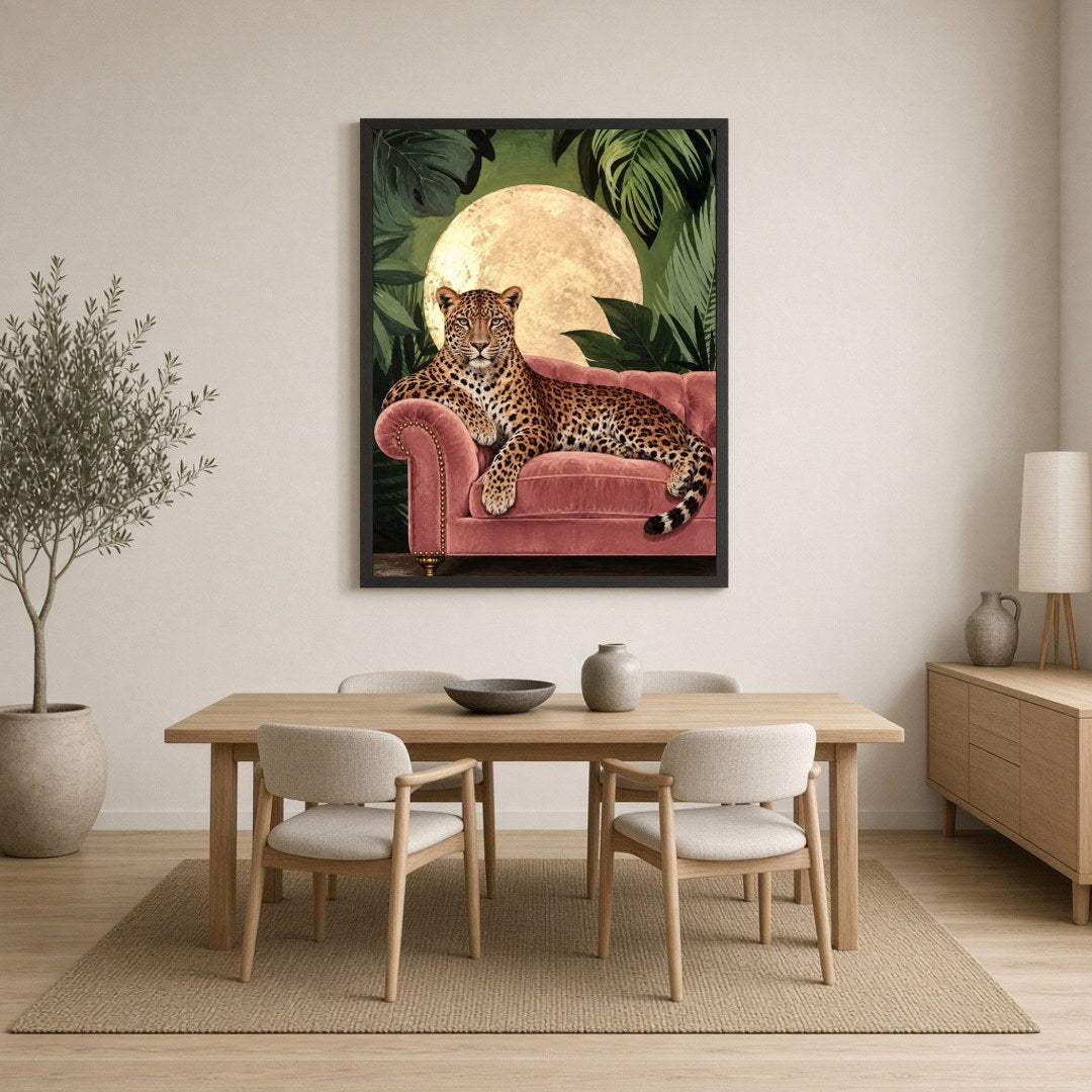 This captivating art print features a majestic leopard elegantly lounging on a plush pink velvet for Dining