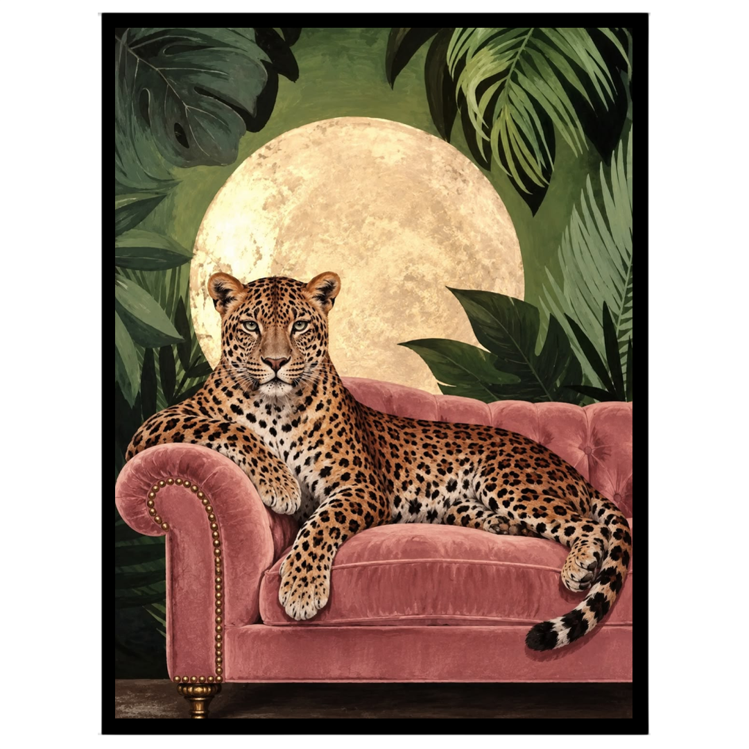 This captivating art print features a majestic leopard elegantly lounging on a plush pink velvet for hallway