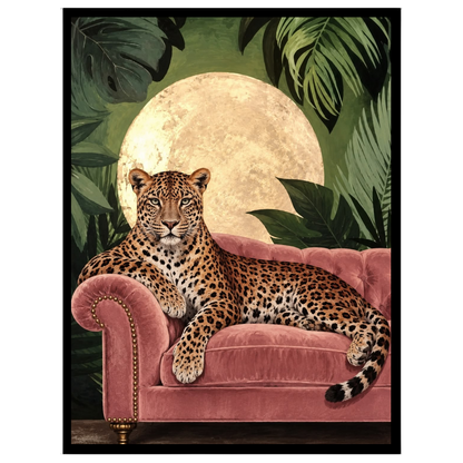 This captivating art print features a majestic leopard elegantly lounging on a plush pink velvet for hallway