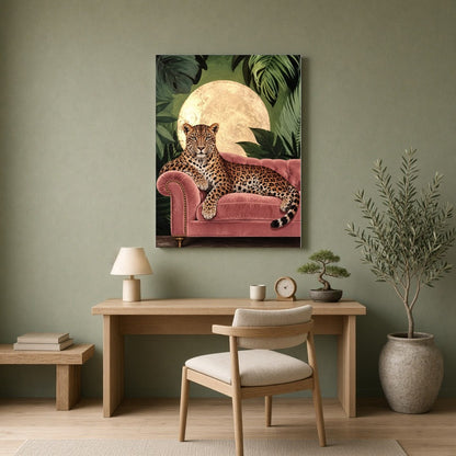 This captivating art print features a majestic leopard elegantly lounging on a plush pink velvet for Home Office