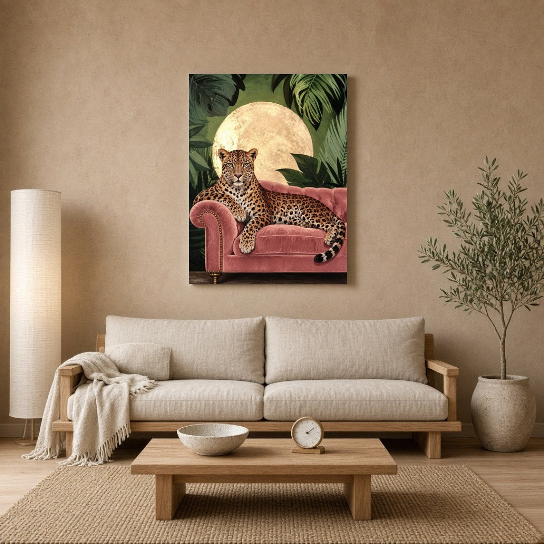 This captivating art print features a majestic leopard elegantly lounging on a plush pink velvet for Living Room