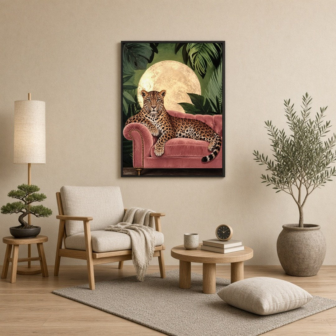 This captivating art print features a majestic leopard elegantly lounging on a plush pink velvet for Reading Nook