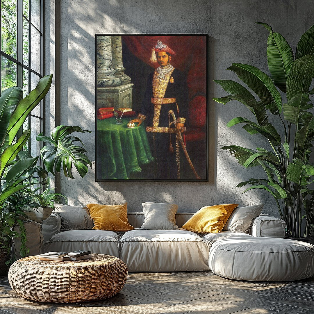 Immerse yourself in the grandeur of royalty with this exquisite portrait of a dignified Maharaja. for Balcony
