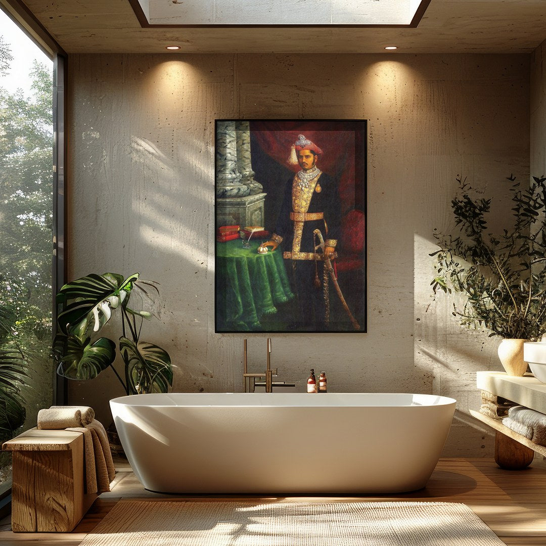 Immerse yourself in the grandeur of royalty with this exquisite portrait of a dignified Maharaja. for Bathroom