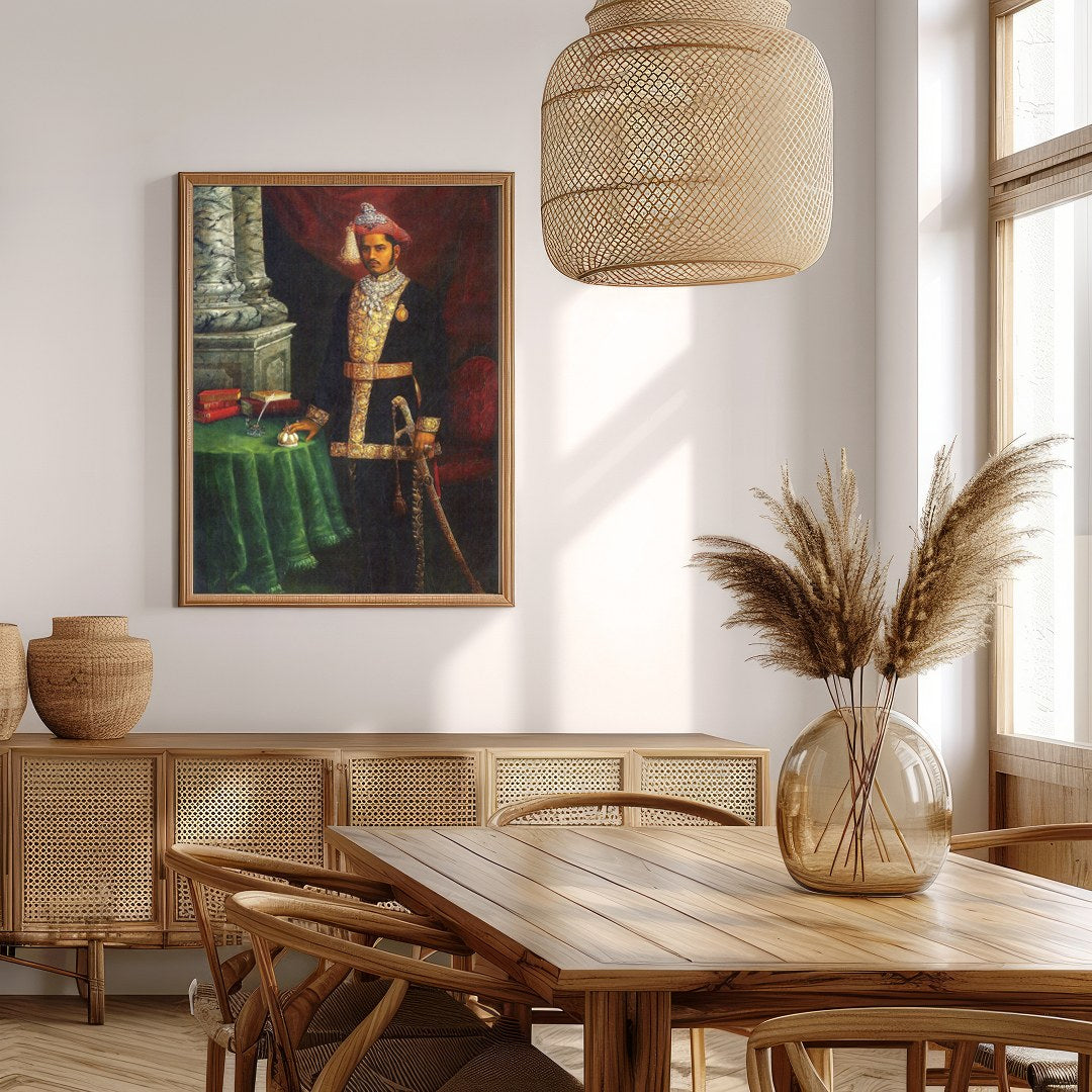 Immerse yourself in the grandeur of royalty with this exquisite portrait of a dignified Maharaja. for Extra Kitchen