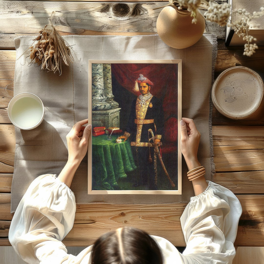 Immerse yourself in the grandeur of royalty with this exquisite portrait of a dignified Maharaja. for Kitchen