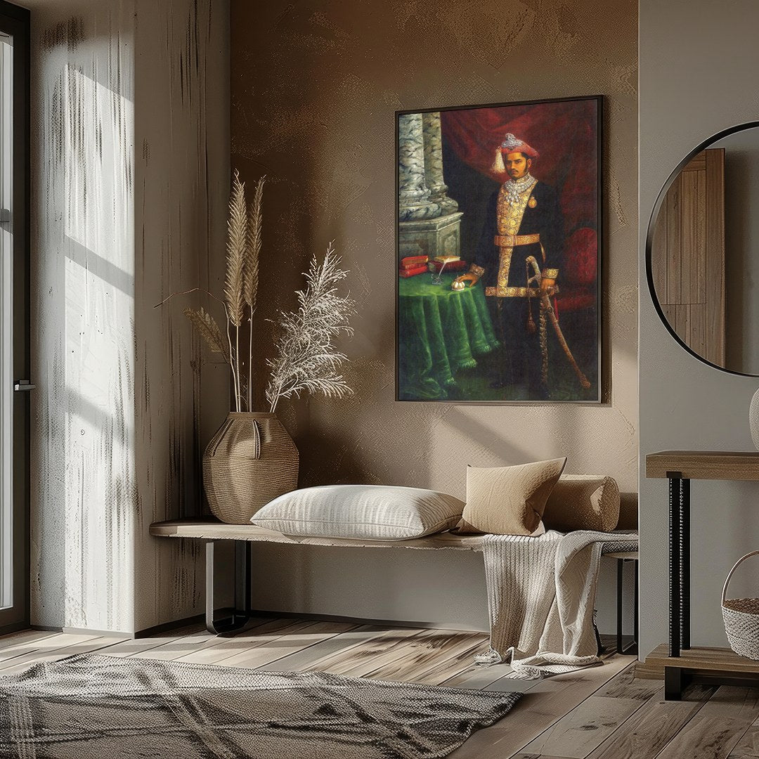 Immerse yourself in the grandeur of royalty with this exquisite portrait of a dignified Maharaja. for residence