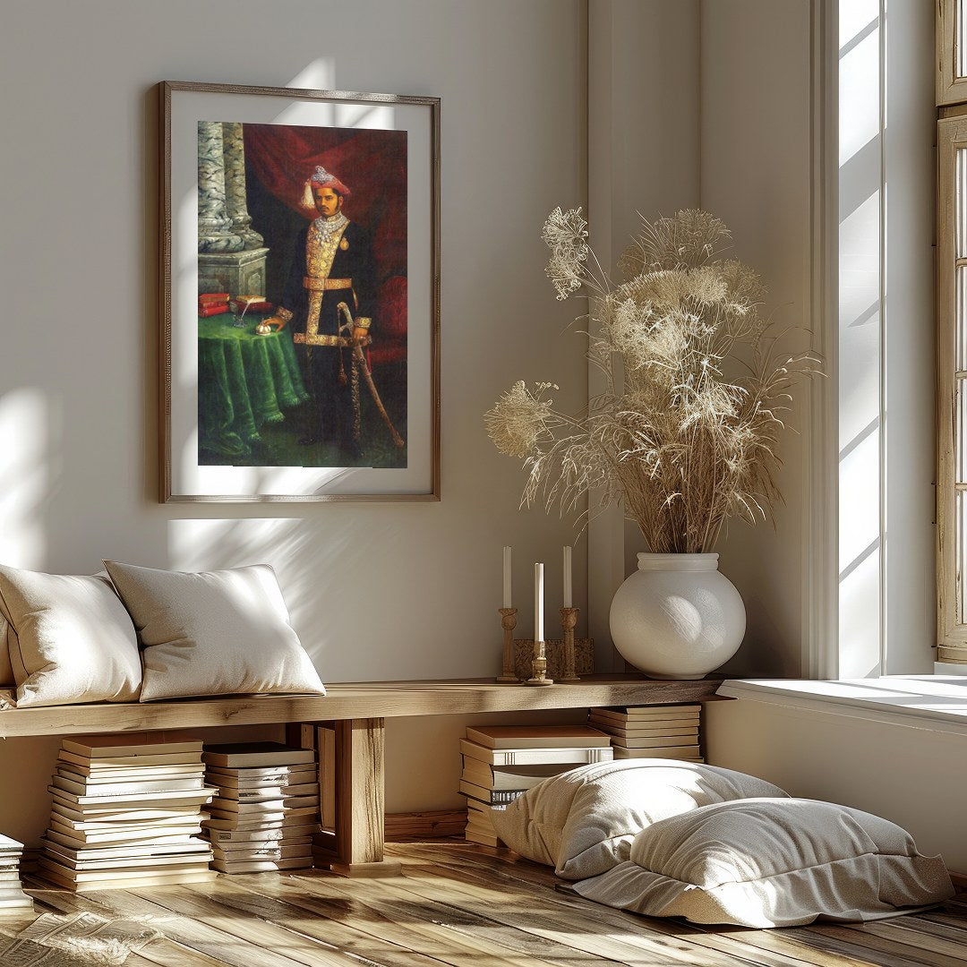 Immerse yourself in the grandeur of royalty with this exquisite portrait of a dignified Maharaja. for retreat