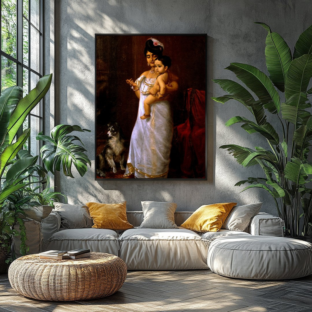 This exquisite artwork captures a timeless moment of maternal devotion and regality. The warm tones for Balcony