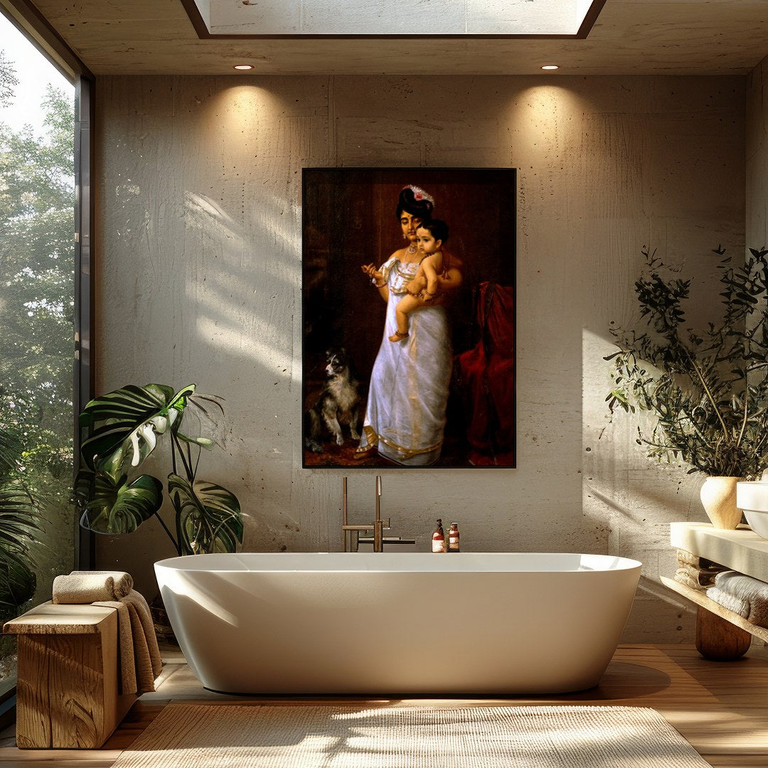 This exquisite artwork captures a timeless moment of maternal devotion and regality. The warm tones for Bathroom