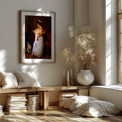 This exquisite artwork captures a timeless moment of maternal devotion and regality. The warm tones for bedroom