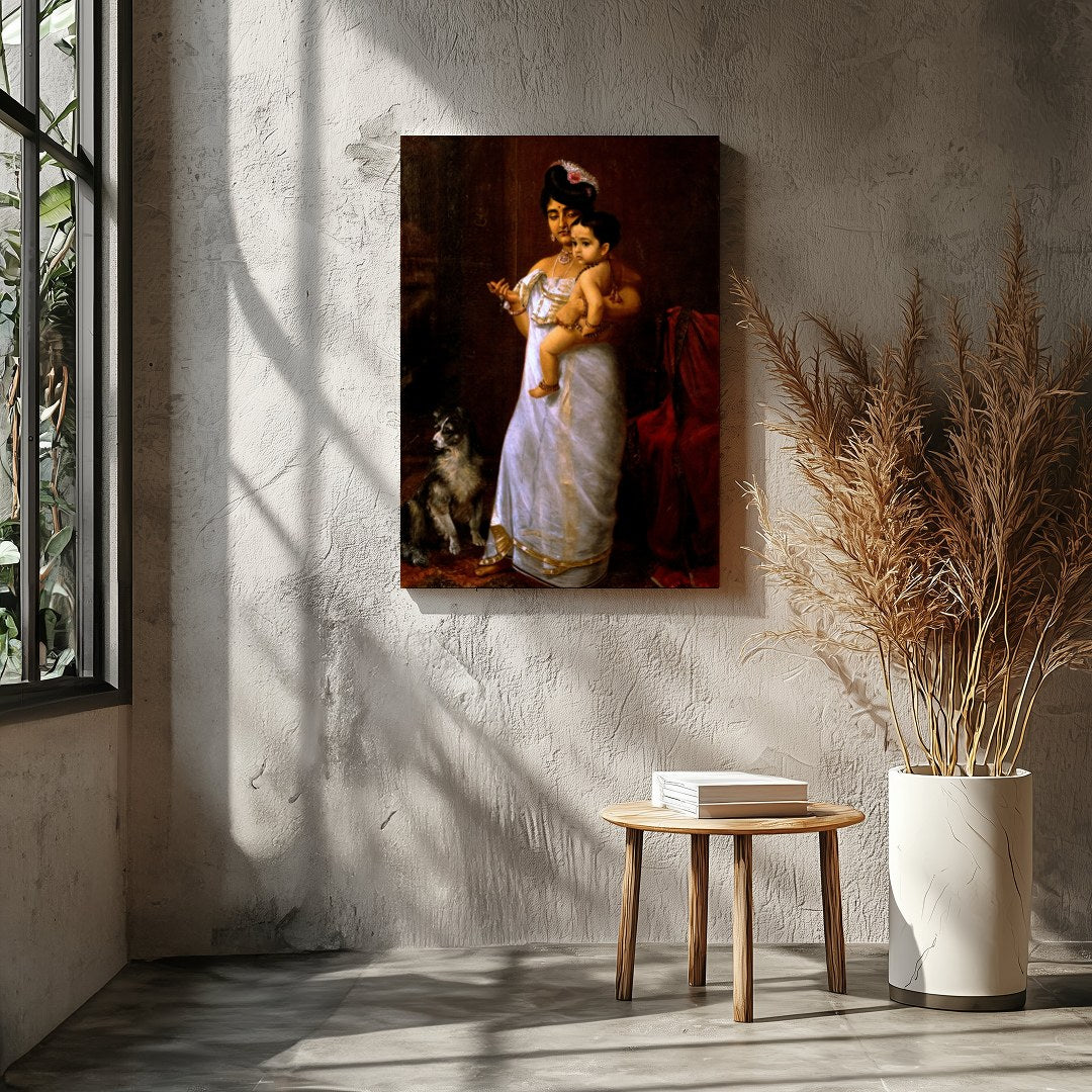 This exquisite artwork captures a timeless moment of maternal devotion and regality. The warm tones for Entrance