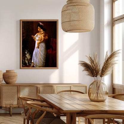 This exquisite artwork captures a timeless moment of maternal devotion and regality. The warm tones for Extra Kitchen