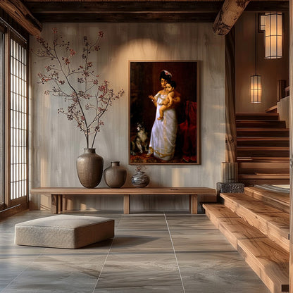 This exquisite artwork captures a timeless moment of maternal devotion and regality. The warm tones for Hall