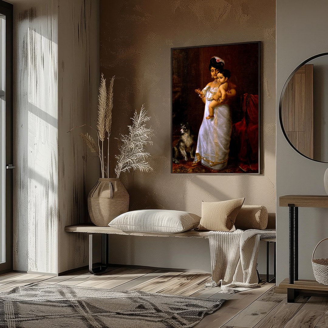 This exquisite artwork captures a timeless moment of maternal devotion and regality. The warm tones for hallway
