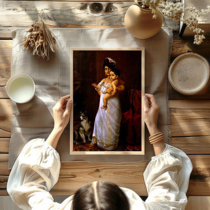 This exquisite artwork captures a timeless moment of maternal devotion and regality. The warm tones for Kitchen