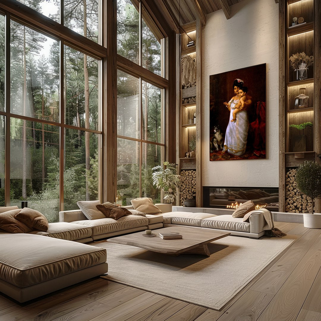 This exquisite artwork captures a timeless moment of maternal devotion and regality. The warm tones for Living Room