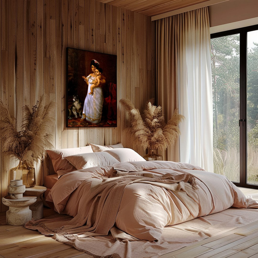 This exquisite artwork captures a timeless moment of maternal devotion and regality. The warm tones for office