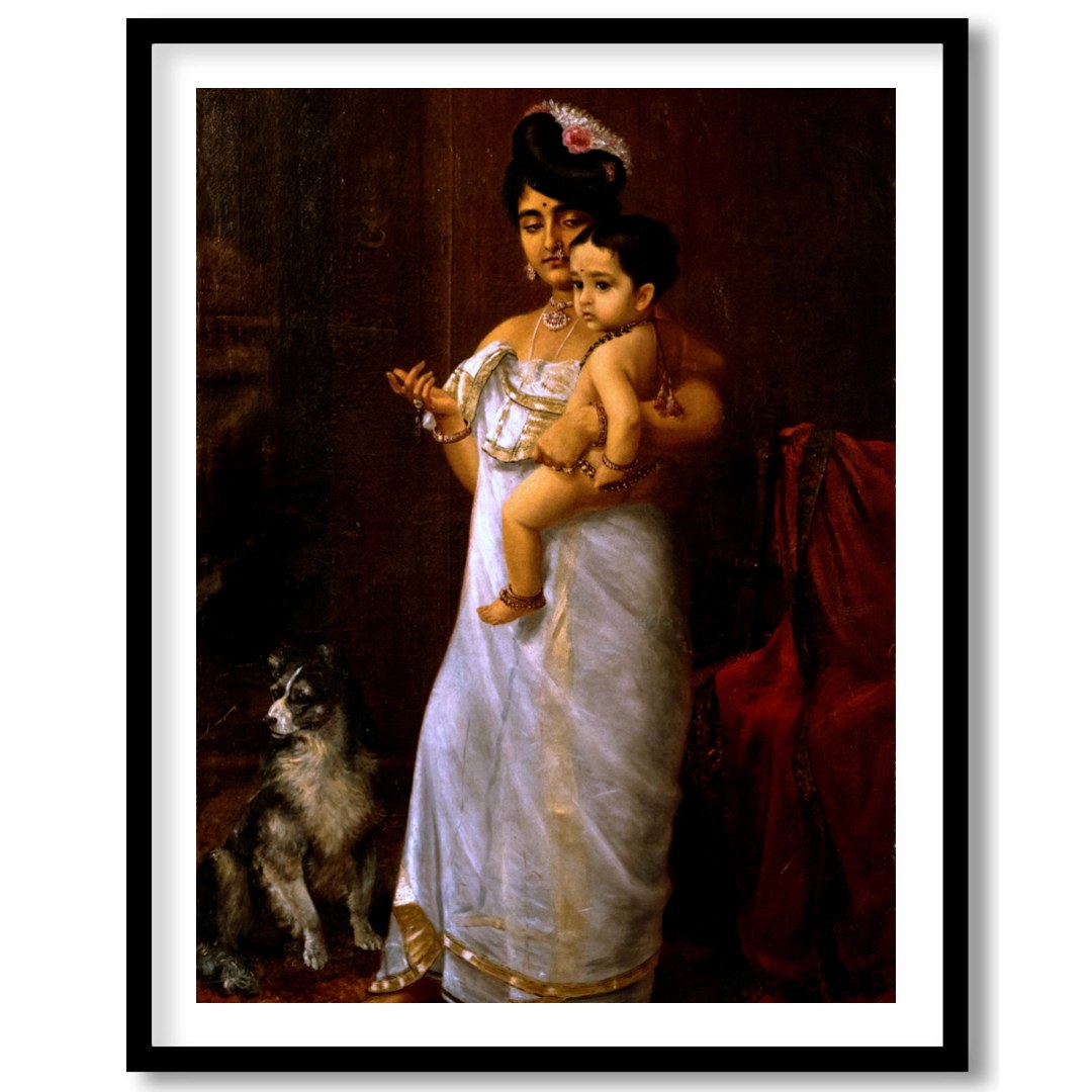 This exquisite artwork captures a timeless moment of maternal devotion and regality. The warm tones for room