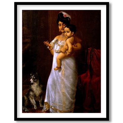 This exquisite artwork captures a timeless moment of maternal devotion and regality. The warm tones for room