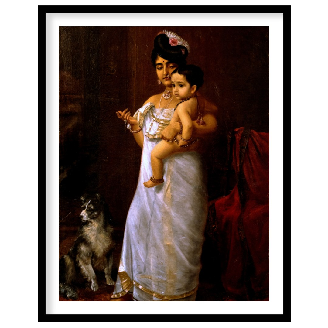 This exquisite artwork captures a timeless moment of maternal devotion and regality. The warm tones for room