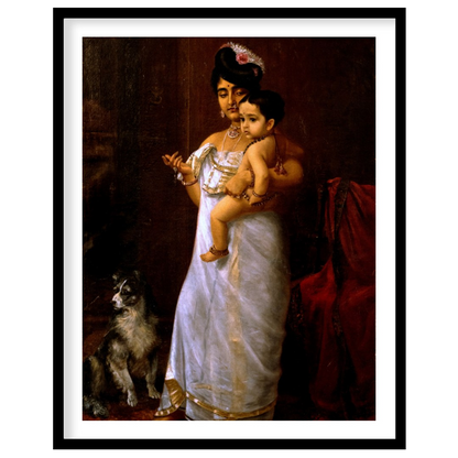 This exquisite artwork captures a timeless moment of maternal devotion and regality. The warm tones for room